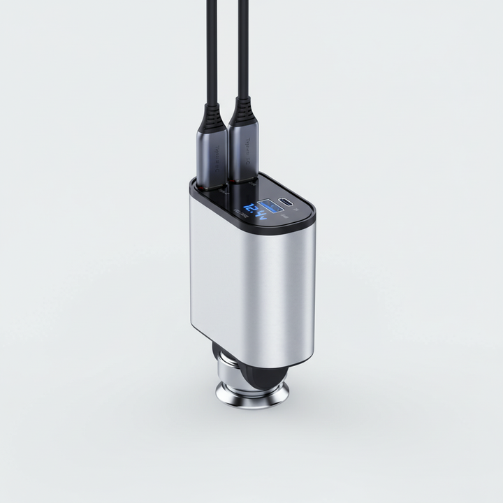 Infällbar billaddare med USB-C och iPhone-portar. Snabb och smidig laddning för alla mobila enheter i bilen.