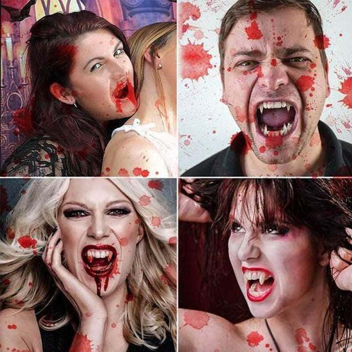 "Infällbara realistiska vampyrtänder halloween tillbehör, närbild med detaljrik ådring i vit silikon mot mörk bakgrund."
