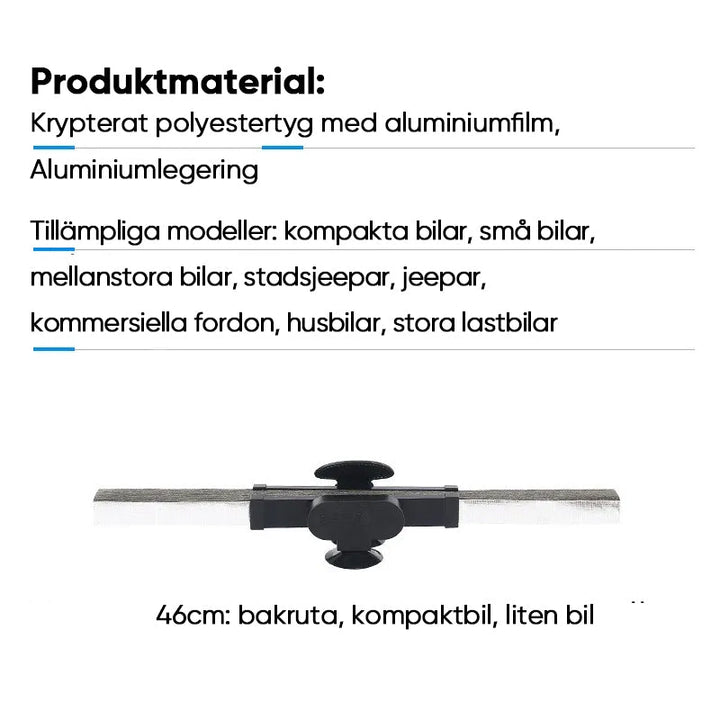 "Infällbart bilsolskydd med reflekterande aluminiumfilm, förstärkt med sugkoppar för enkel montering och förvaring."