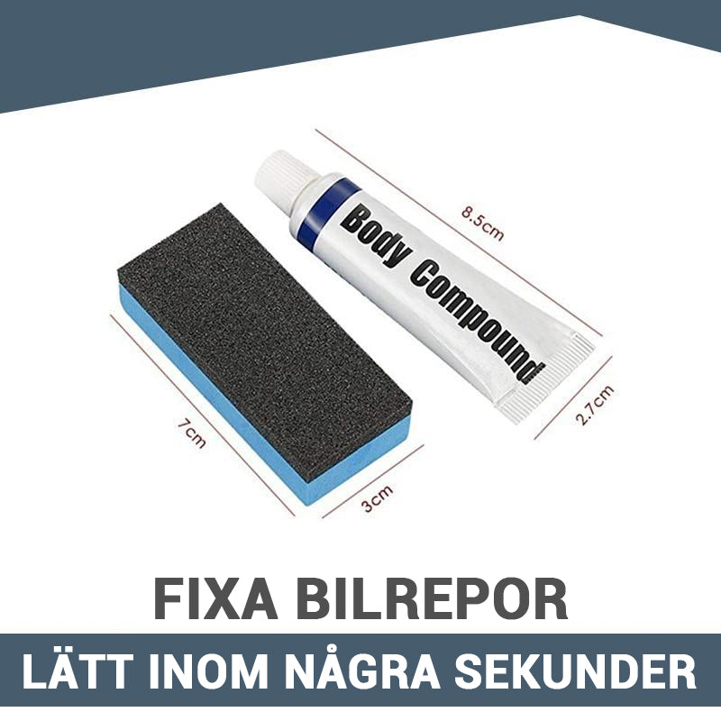 "Innovativ bilskav borttagningsmedel, premiumformel, vit flaska med appliceringssvamp, effektiv omedelbar reptborttagning."