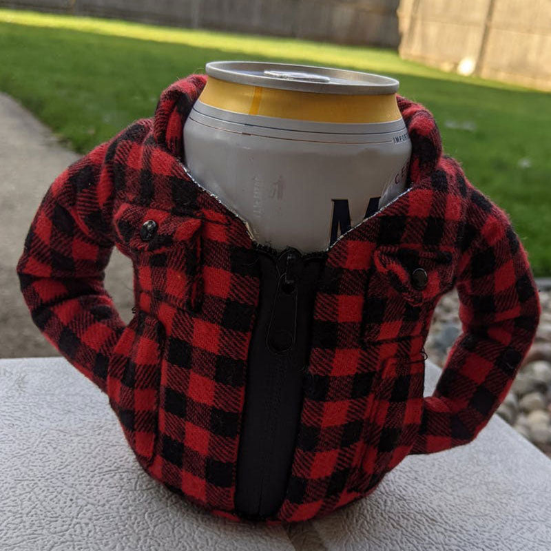 "Innovativ dryckesjacka, värmeisolerande design, färger blå, orange, rutig, röd, svart, för kalla drycker, accessoar"