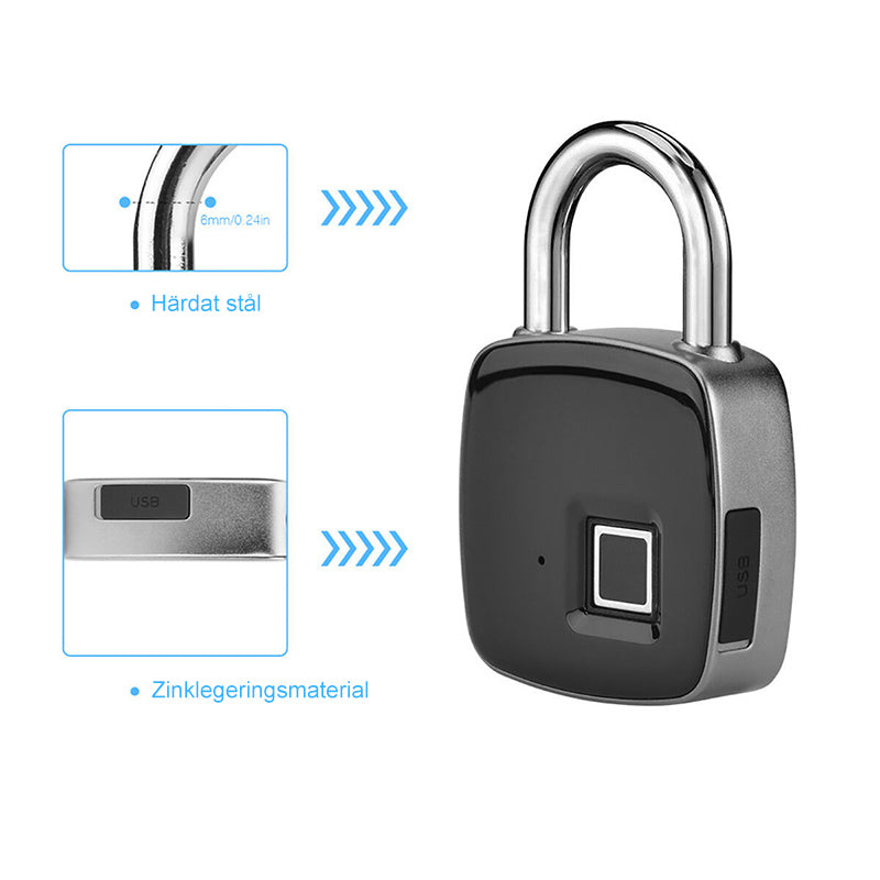 "Innovativt fingeravtryckslås i silver, USB-laddningsbart med IP65 vattentätt skydd, idealiskt för säker åtkomst."