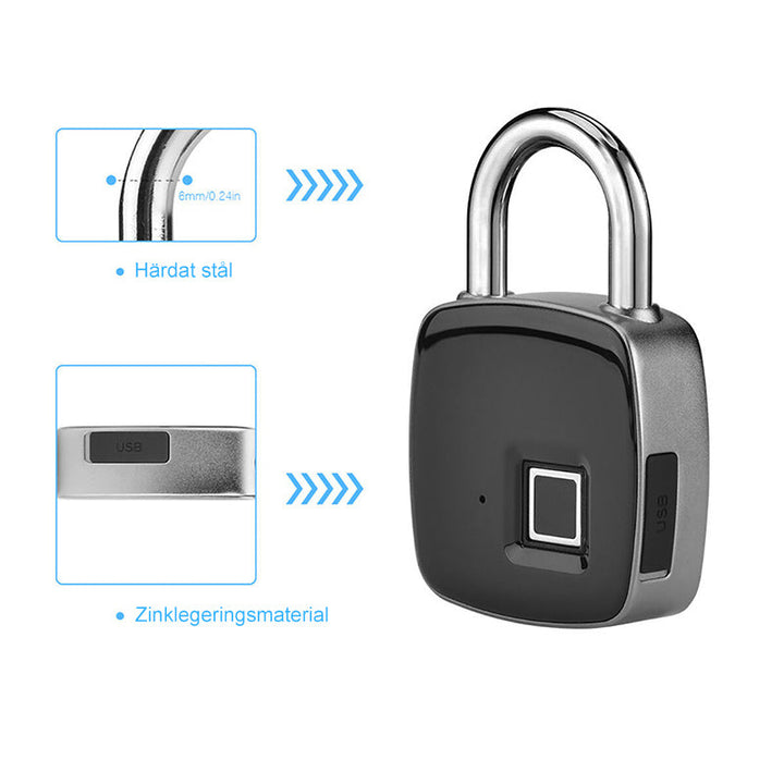 "Innovativt fingeravtryckslås i silver, USB-laddningsbart med IP65 vattentätt skydd, idealiskt för säker åtkomst."