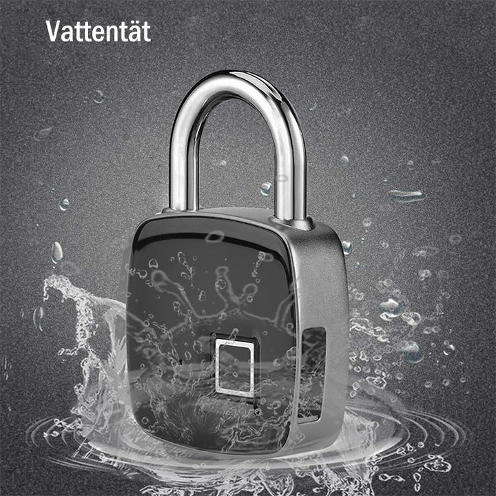 "Innovativt fingeravtryckslås i silver, USB-laddningsbart med IP65 vattentätt skydd, idealiskt för säker åtkomst."