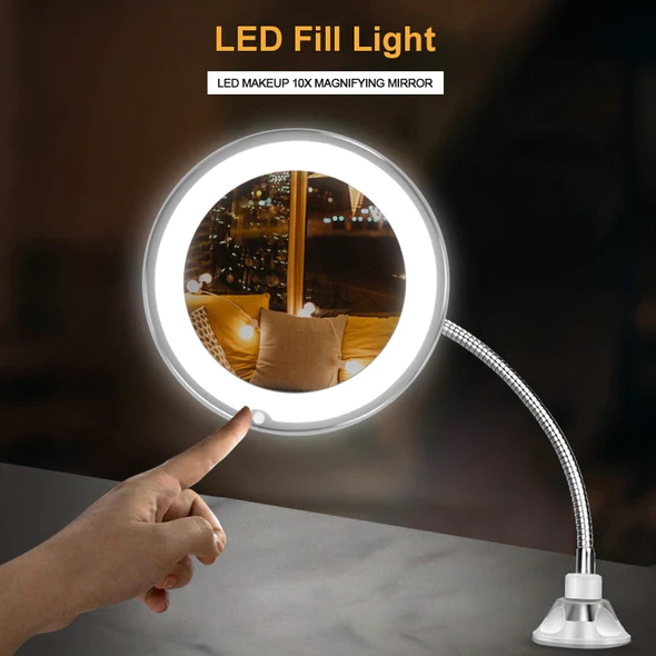 Närbild på 10X förstorande LED-sminkspegel med flexibel arm
