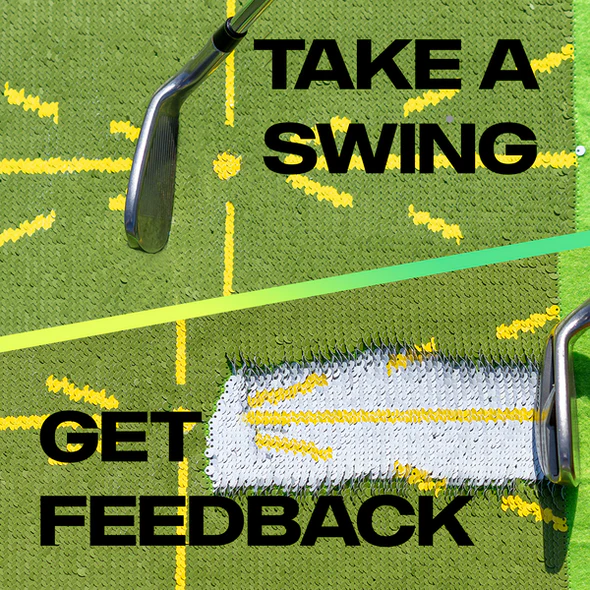 Närbild på golf svingmatta som visar bollspår för svinganalys och teknikträning