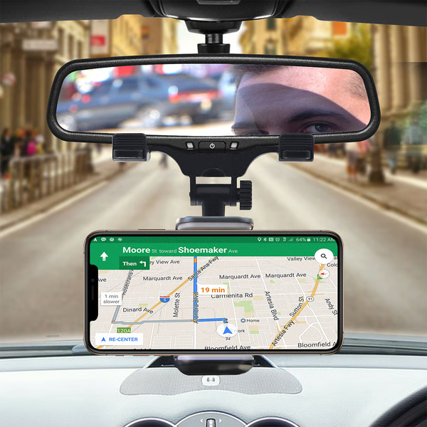 Universal backspegel mobilhållare monterad i bil med GPS-karta på skärmen