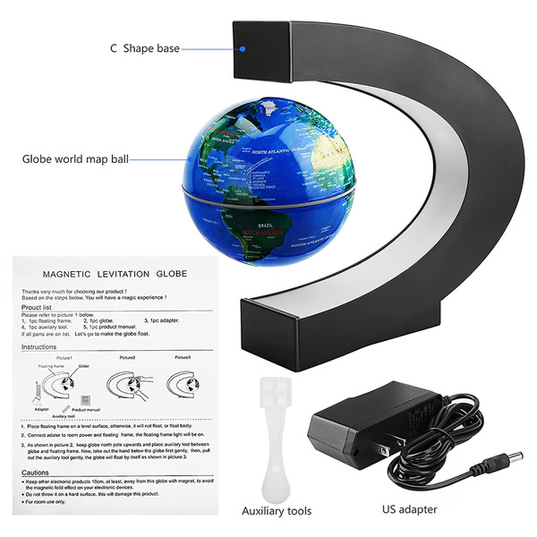 Närbild på den svävande magnetiska globen som visar världskartan och dess svävande funktion