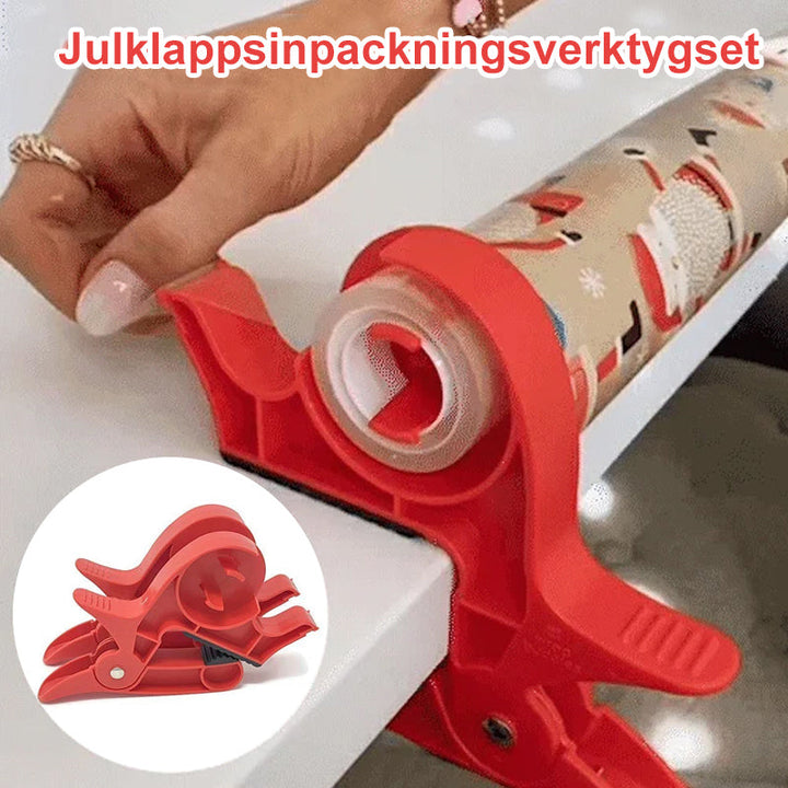 "Inslagningverktyg i röd och grå plast för presentinpackning, justerbar för olika pappersstorlekar."
