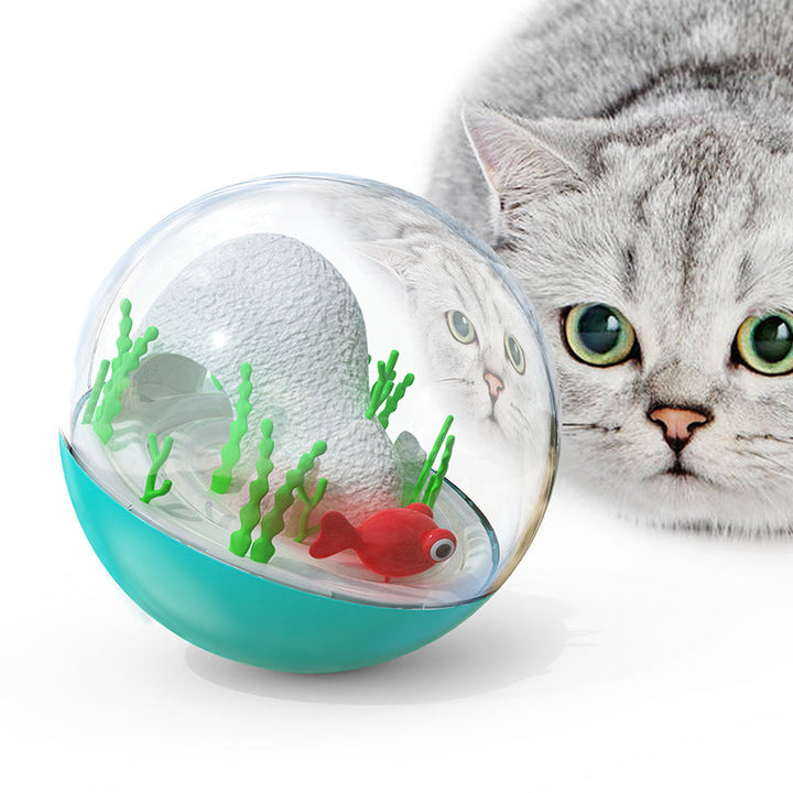 Lycklig katt med en interaktiv sjöblå fiskboll. En elektrisk djurleksak som uppmuntrar till jaktlek.