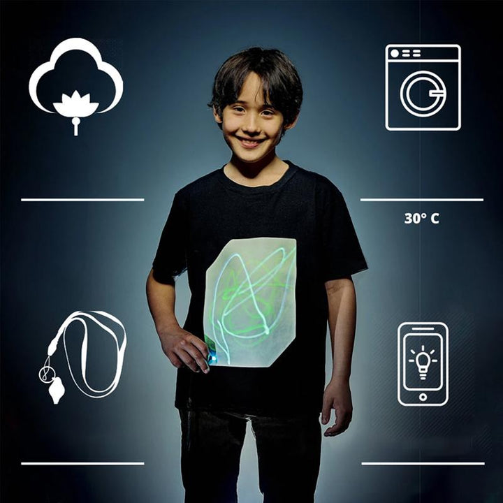 "Interaktiv glödande unisex T-shirt med kreativa mönster, perfekt för mörka miljöer, inkluderar unik glödpenna."