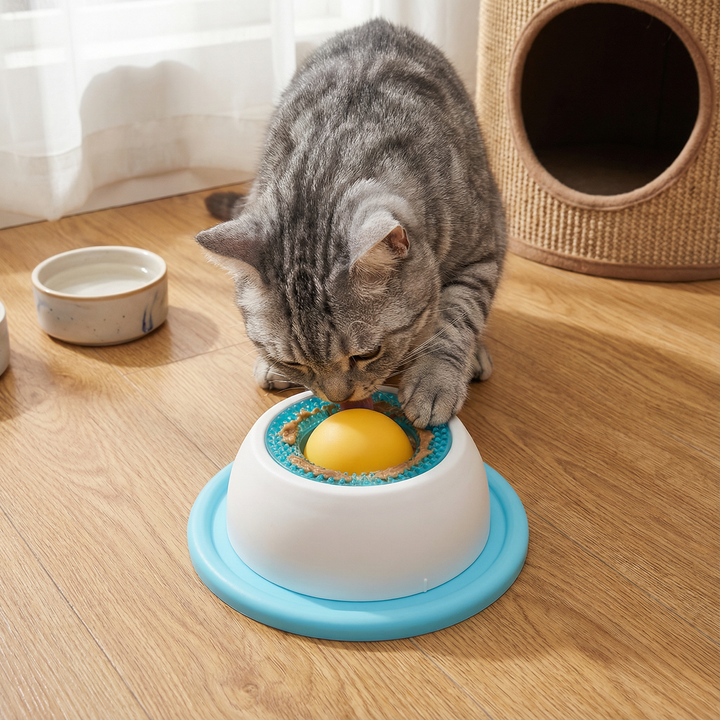 Interaktiv godisleksak för katt, stimulerar till långsam utfodring och mental lek.