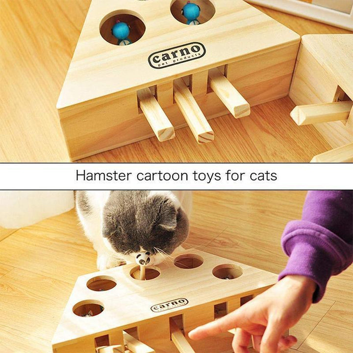 Interaktiv trä kattleksak med flera hål, perfekt för att stimulera kattens jaktinstinkt och hålla den aktiv.