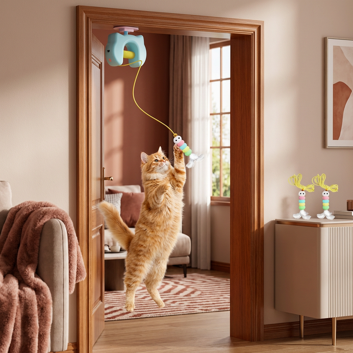 Automatisk fjäderleksak som aktiverar kattens jaktinstinkt. Perfekt katträningsleksak.