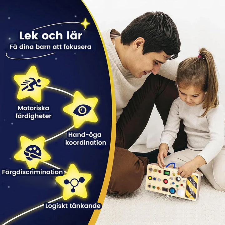 Interaktiv aktivitetstavla för småbarn med färgglada LED-lampor och aktiviteter av naturligt trä för kreativ lek.