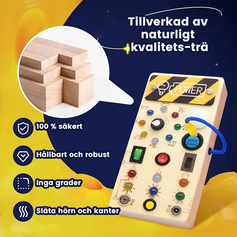 Interaktiv aktivitetstavla för småbarn med färgglada LED-lampor och aktiviteter av naturligt trä för kreativ lek.