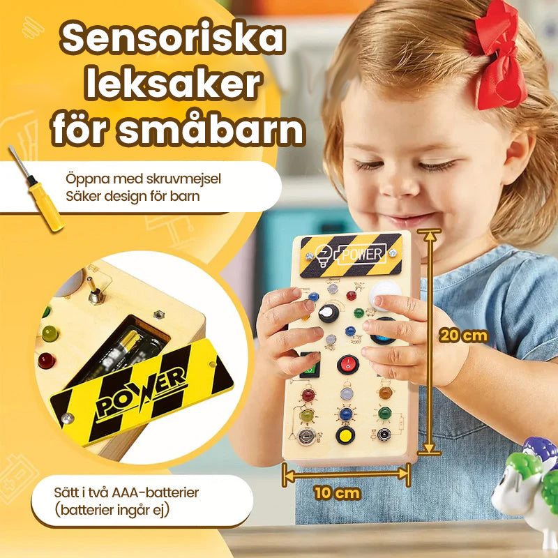 Interaktiv aktivitetstavla för småbarn med färgglada LED-lampor och aktiviteter av naturligt trä för kreativ lek.