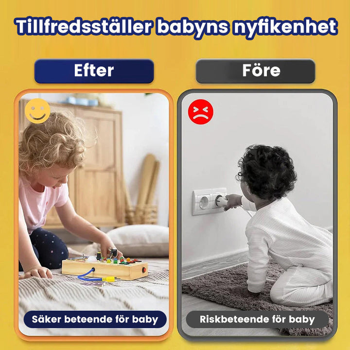 Interaktiv aktivitetstavla för småbarn med färgglada LED-lampor och aktiviteter av naturligt trä för kreativ lek.