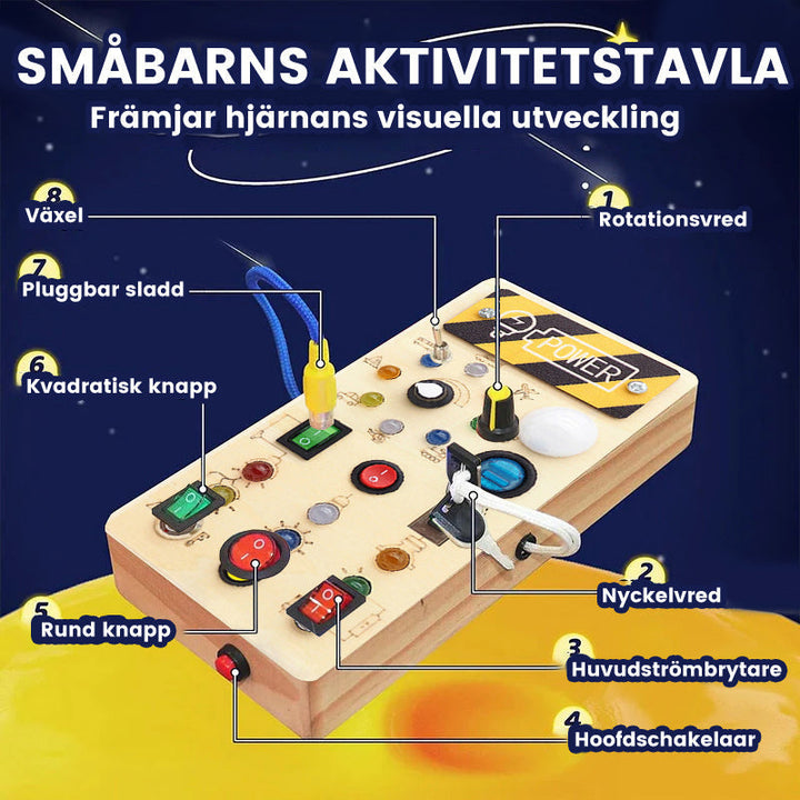 Interaktiv aktivitetstavla för småbarn med färgglada LED-lampor och aktiviteter av naturligt trä för kreativ lek.