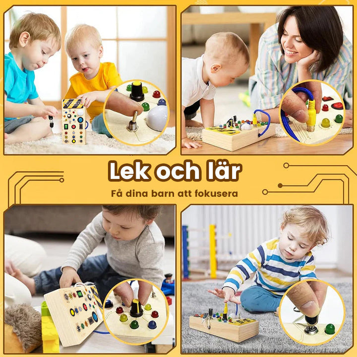 Interaktiv aktivitetstavla för småbarn med färgglada LED-lampor och aktiviteter av naturligt trä för kreativ lek.