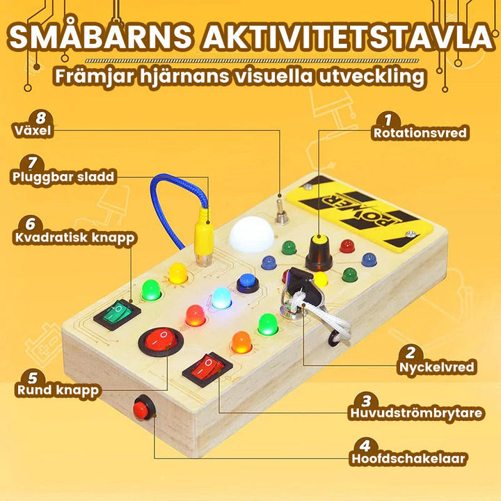 Interaktiv aktivitetstavla för småbarn med färgglada LED-lampor och aktiviteter av naturligt trä för kreativ lek.