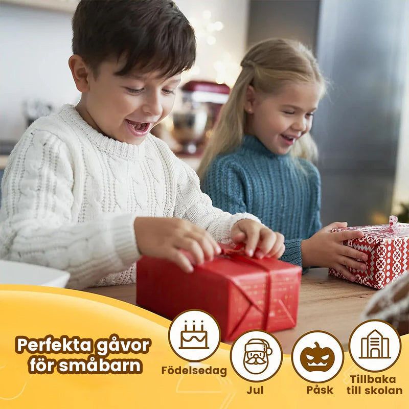 Interaktiv aktivitetstavla för småbarn med färgglada LED-lampor och aktiviteter av naturligt trä för kreativ lek.