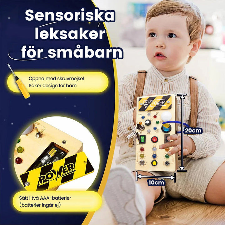 Interaktiv aktivitetstavla för småbarn med färgglada LED-lampor och aktiviteter av naturligt trä för kreativ lek.