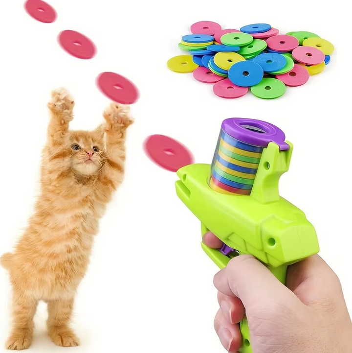 Detaljbild på interaktiv kattleksak; ett kattspel med snurrande Wurfskiva för lekfull jakt.