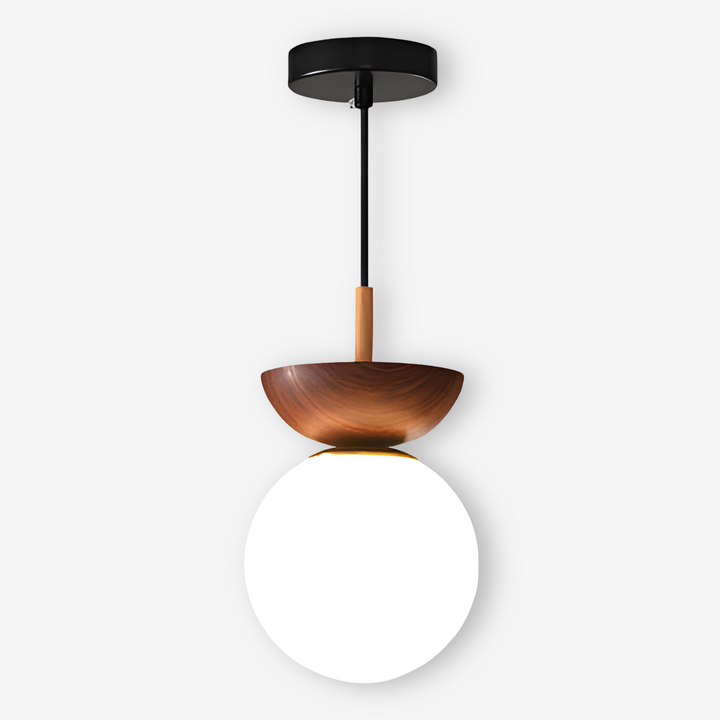 Perle LED-pendellampa för en modern inredning. Japansk design med trädetaljer i valnöt.