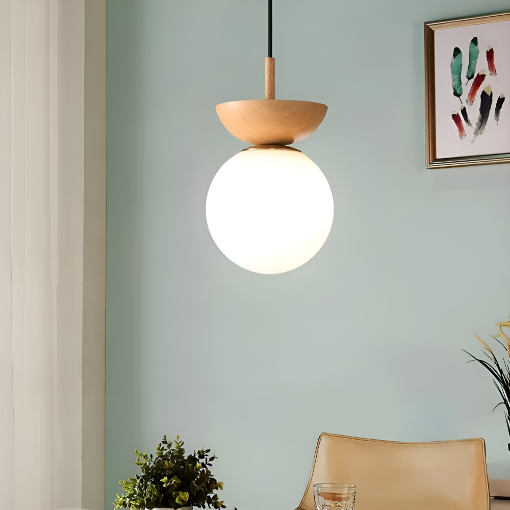 Perle LED-taklampa, modern japansk design. Valnötsdetaljer & energisnål belysning för hemmet.