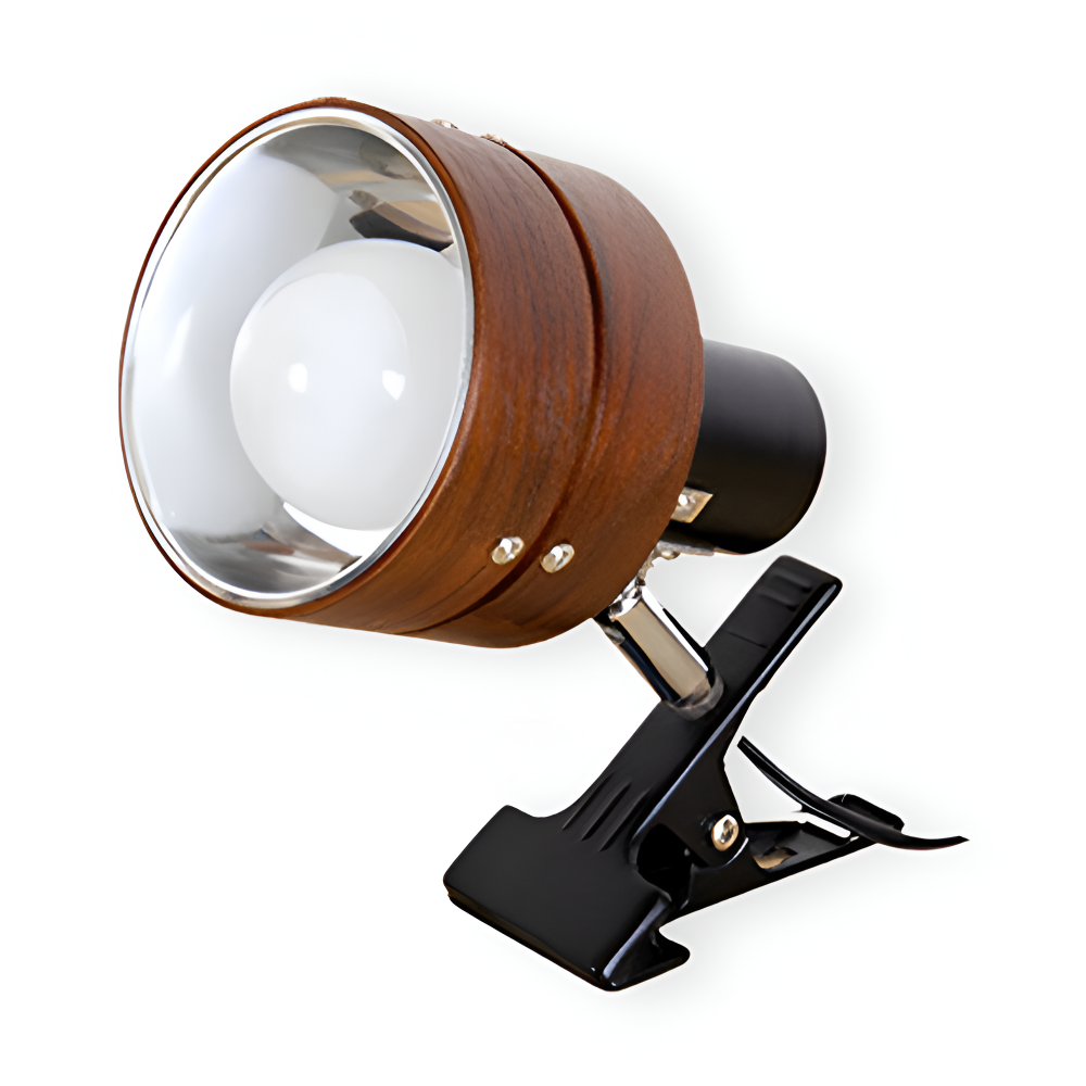 Klämlampa med trifärgat LED-ljus, justerbar arm, japansk design i trä och järn för hemmet.