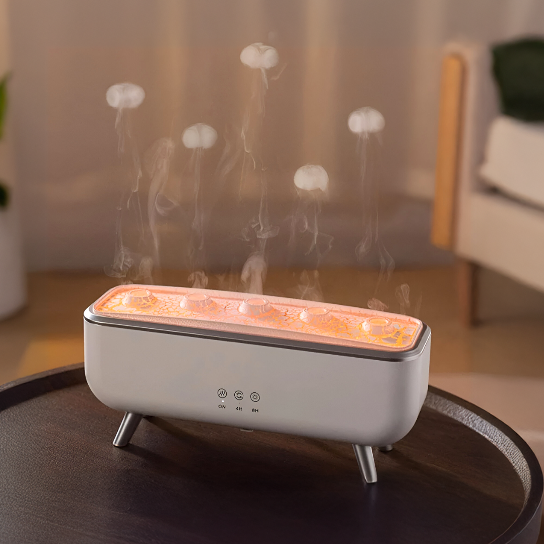 Vit JellyMist luftrenare som släpper ut ringformad dimma i ett rum