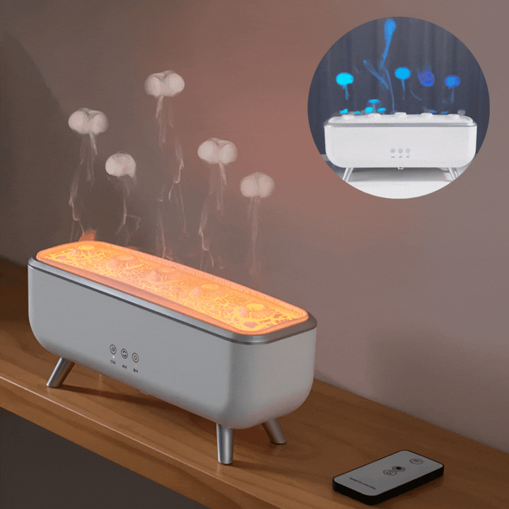 JellyMist LED aromadiffuser med manet-dimma och fjärrkontroll på bänk