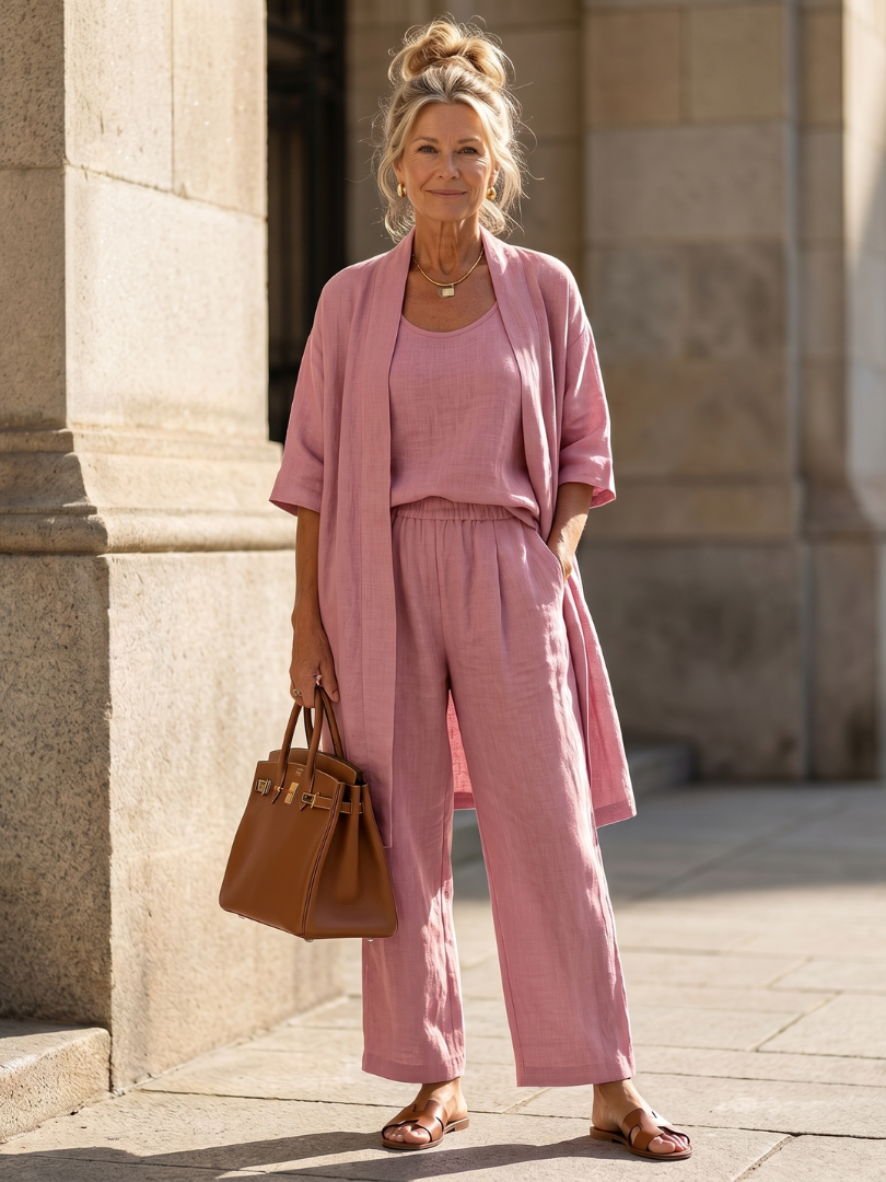 Kvinna i rosa tredelat set med väska och sandaler utomhus
