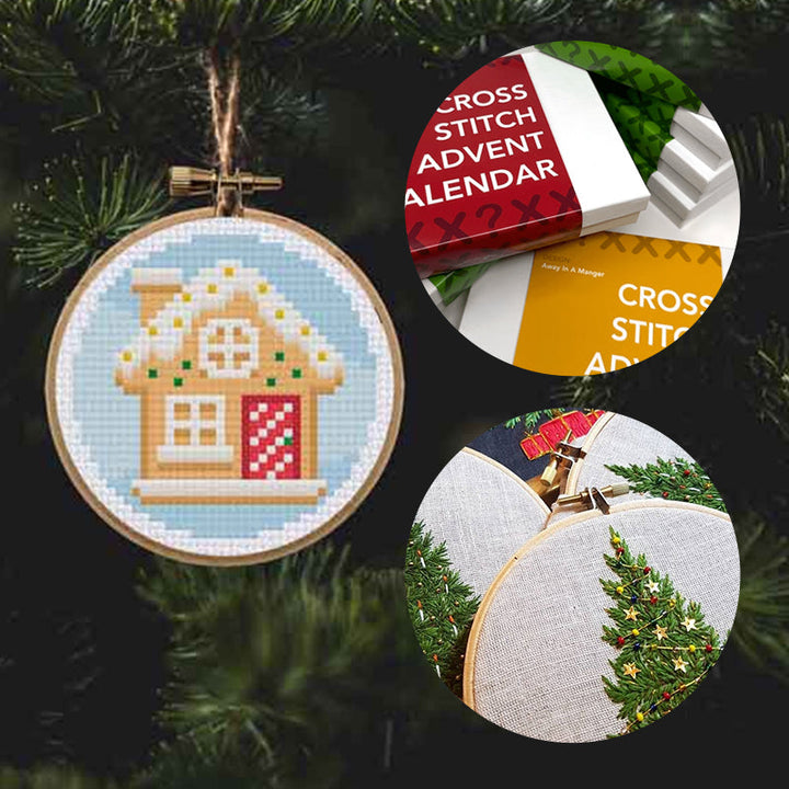 "Juladventskalender broderikit med festligt mönster och träram, perfekt för att skapa minnesrika helgdagar."