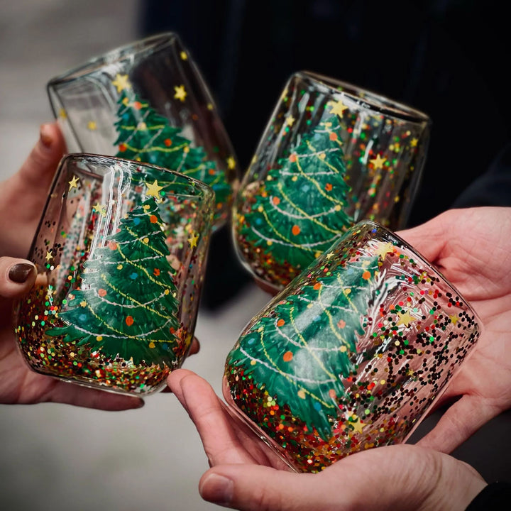 Julgran Glasmugg med flytande glitter, glas formad som en julgran, perfekt för julstämning, dubbelväggig isolering.