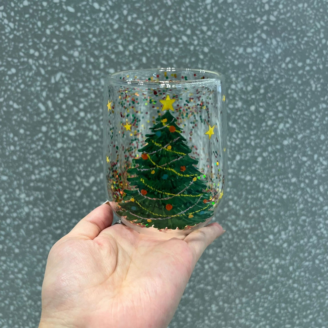 Julgran Glasmugg med flytande glitter, glas formad som en julgran, perfekt för julstämning, dubbelväggig isolering.