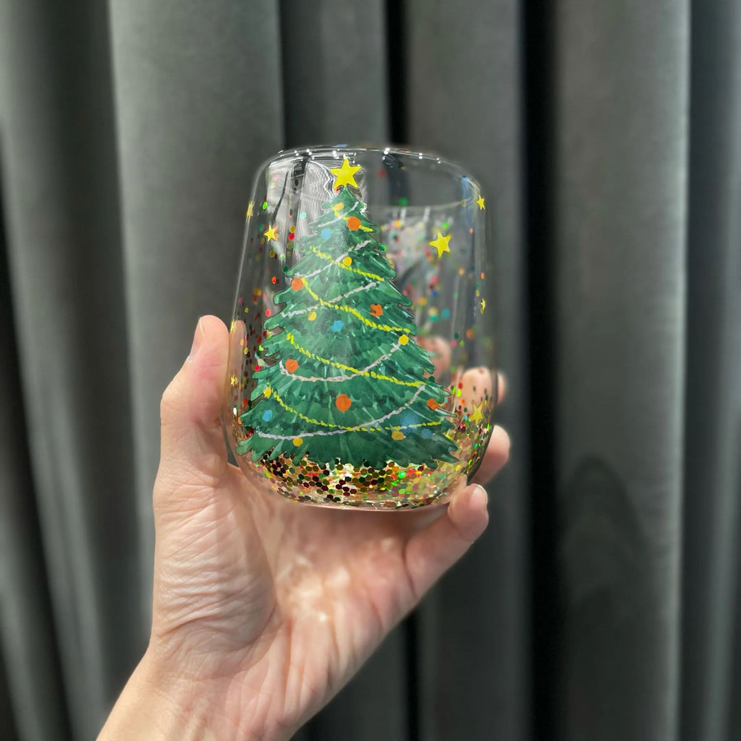 Julgran Glasmugg med flytande glitter, glas formad som en julgran, perfekt för julstämning, dubbelväggig isolering.