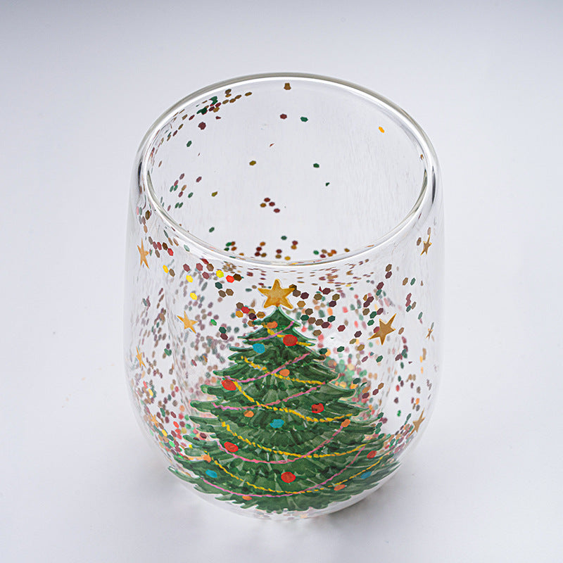 Julgran Glasmugg med flytande glitter, glas formad som en julgran, perfekt för julstämning, dubbelväggig isolering.