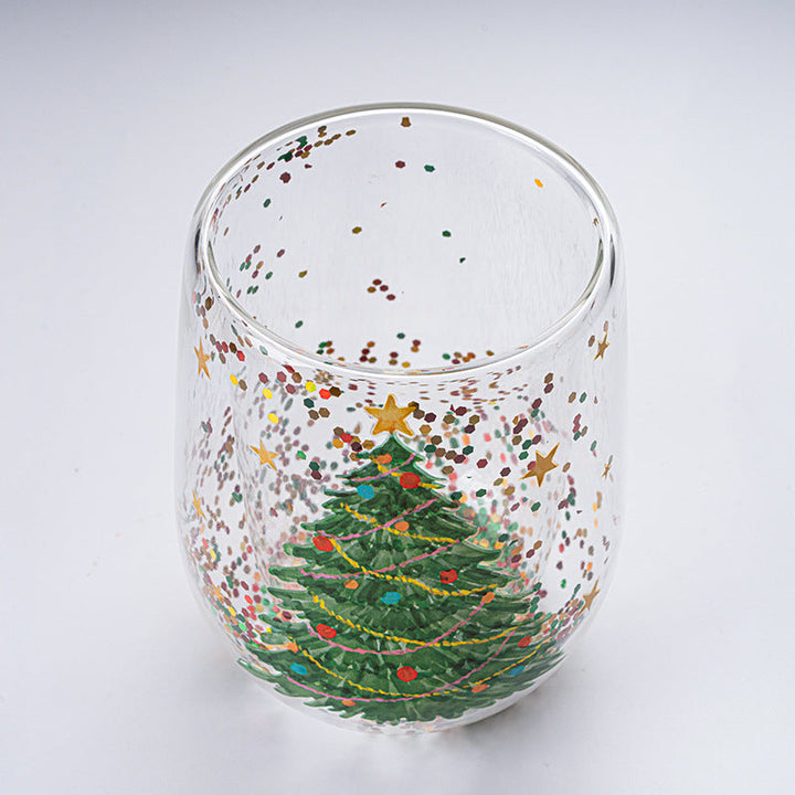 Julgran Glasmugg med flytande glitter, glas formad som en julgran, perfekt för julstämning, dubbelväggig isolering.
