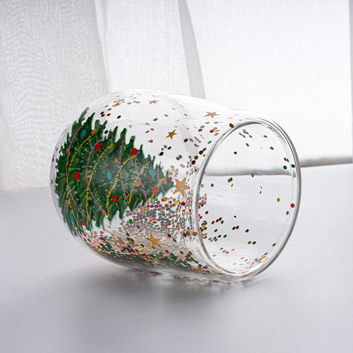 Julgran Glasmugg med flytande glitter, glas formad som en julgran, perfekt för julstämning, dubbelväggig isolering.