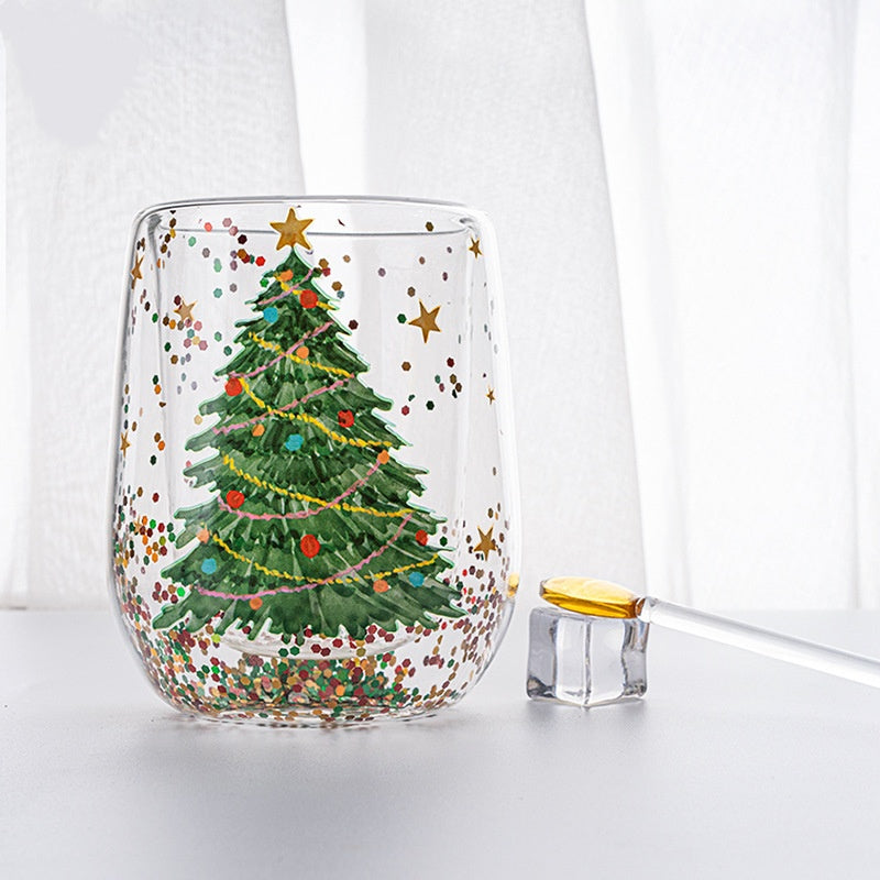 Julgran Glasmugg med flytande glitter, glas formad som en julgran, perfekt för julstämning, dubbelväggig isolering.