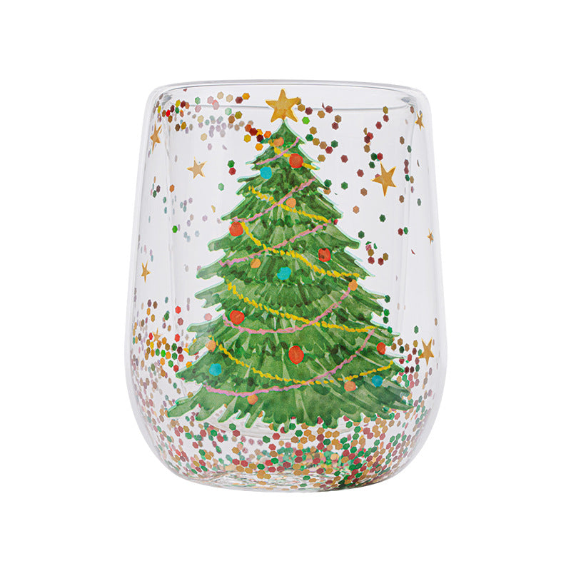 Julgran Glasmugg med flytande glitter, glas formad som en julgran, perfekt för julstämning, dubbelväggig isolering.