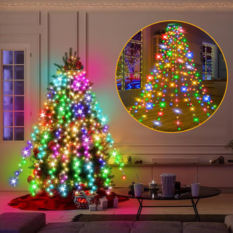 Julgransbelysning med vattenfallseffekt och fjärrkontroll, LED-lampor i varma vita och färgglada nyanser, enkel installation runt granen.