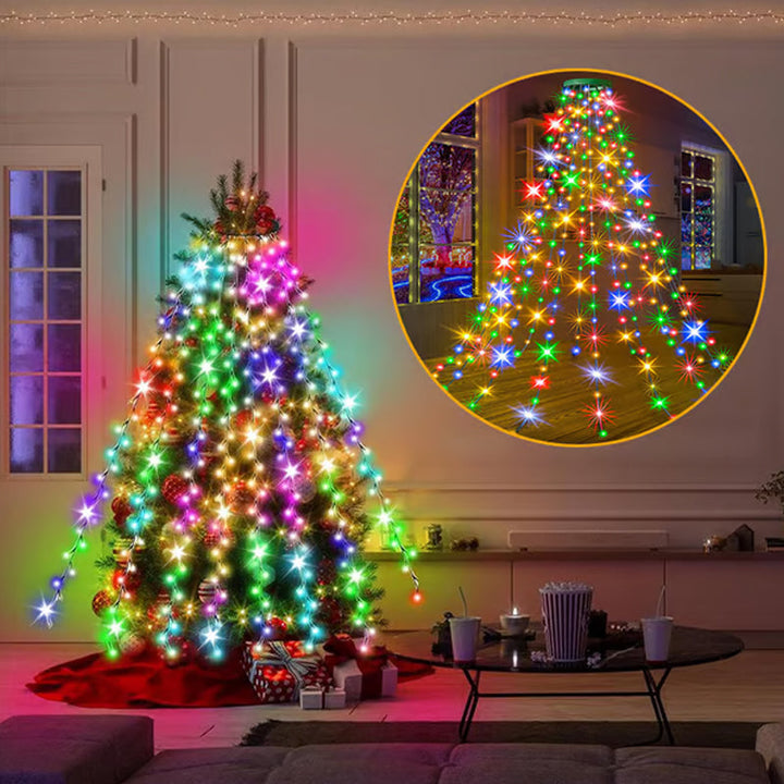 Julgransbelysning med vattenfallseffekt och fjärrkontroll, LED-lampor i varma vita och färgglada nyanser, enkel installation runt granen.