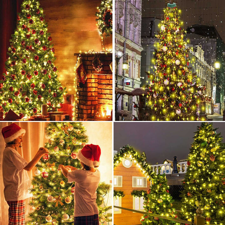 Julgransbelysning med vattenfallseffekt och fjärrkontroll, LED-lampor i varma vita och färgglada nyanser, enkel installation runt granen.