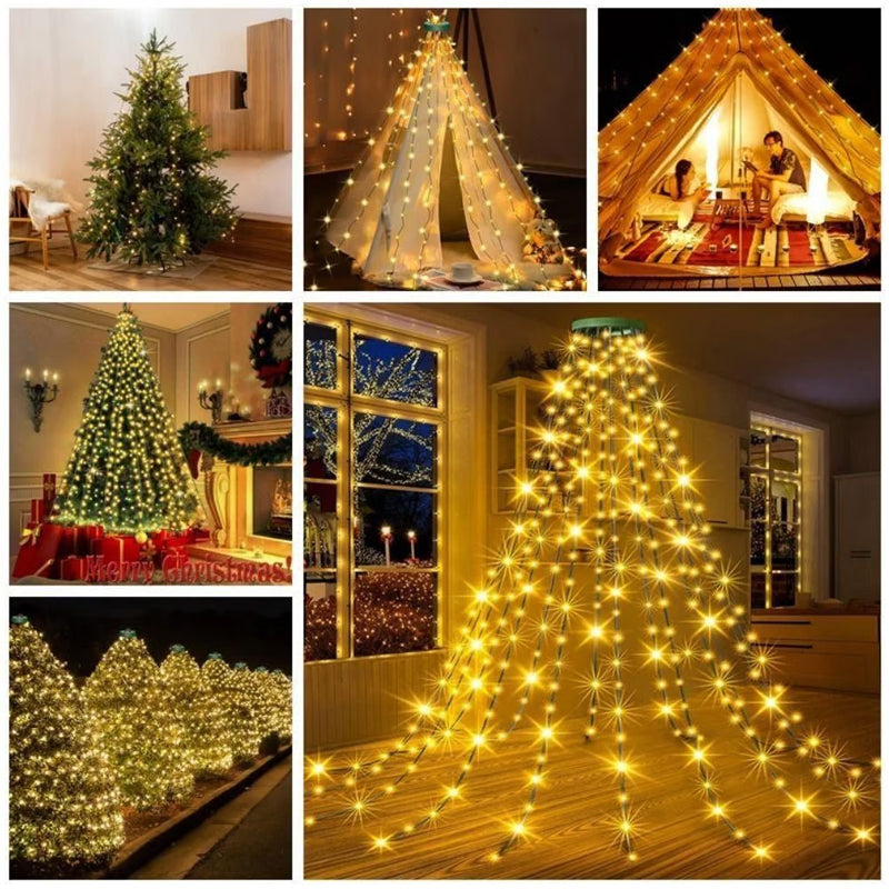 Julgransbelysning med vattenfallseffekt och fjärrkontroll, LED-lampor i varma vita och färgglada nyanser, enkel installation runt granen.