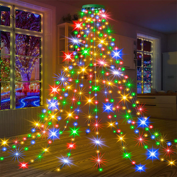 Julgransbelysning med vattenfallseffekt och fjärrkontroll, LED-lampor i varma vita och färgglada nyanser, enkel installation runt granen.
