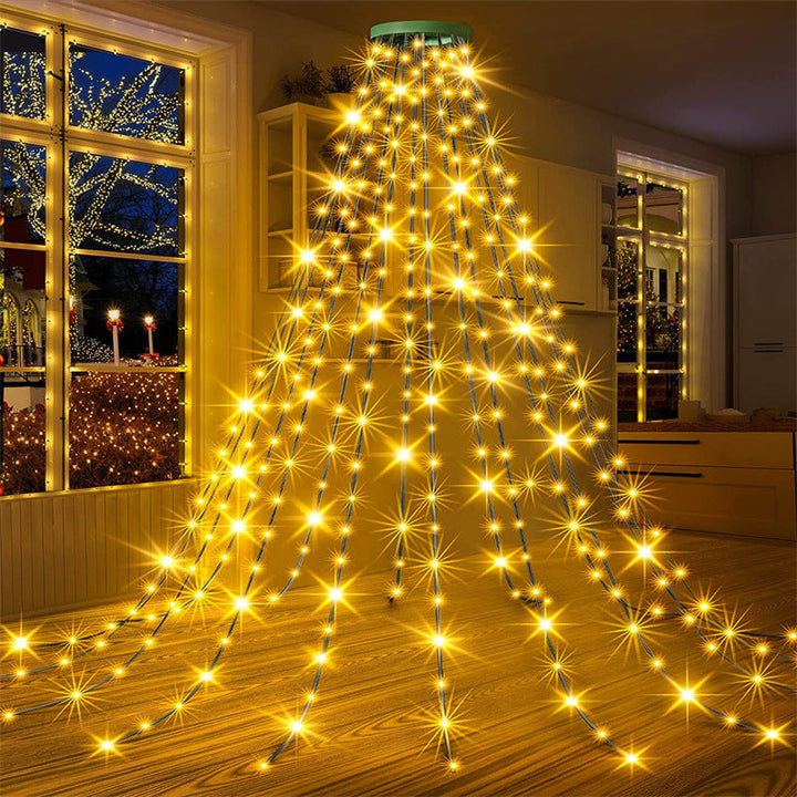 Julgransbelysning med vattenfallseffekt och fjärrkontroll, LED-lampor i varma vita och färgglada nyanser, enkel installation runt granen.