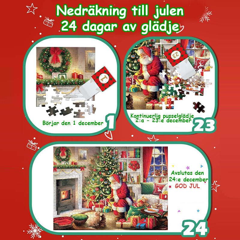 Julig blindlåda med pussel, jultema med snögubbar och granar, överraskande unik gåva, perfekt för julstämning.